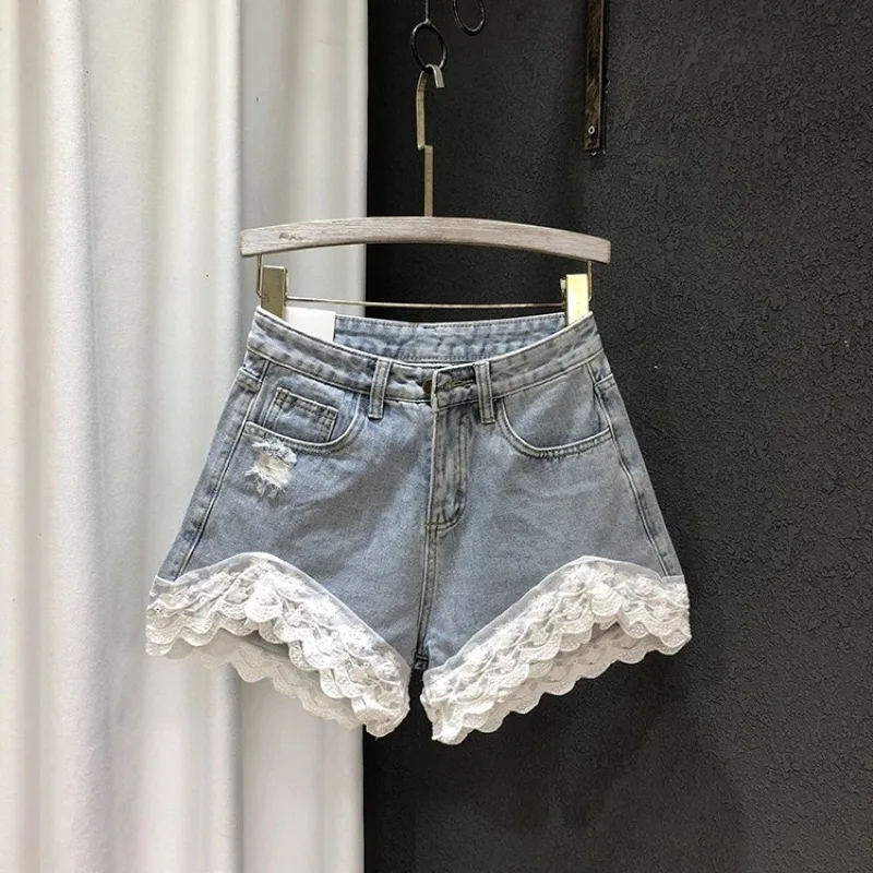 2024 Summer New Korean Shorts Women's Jeans Spliced Lace Fashion A-line Denim Shorts Y2K Streetwear Wide Leg Pants Women