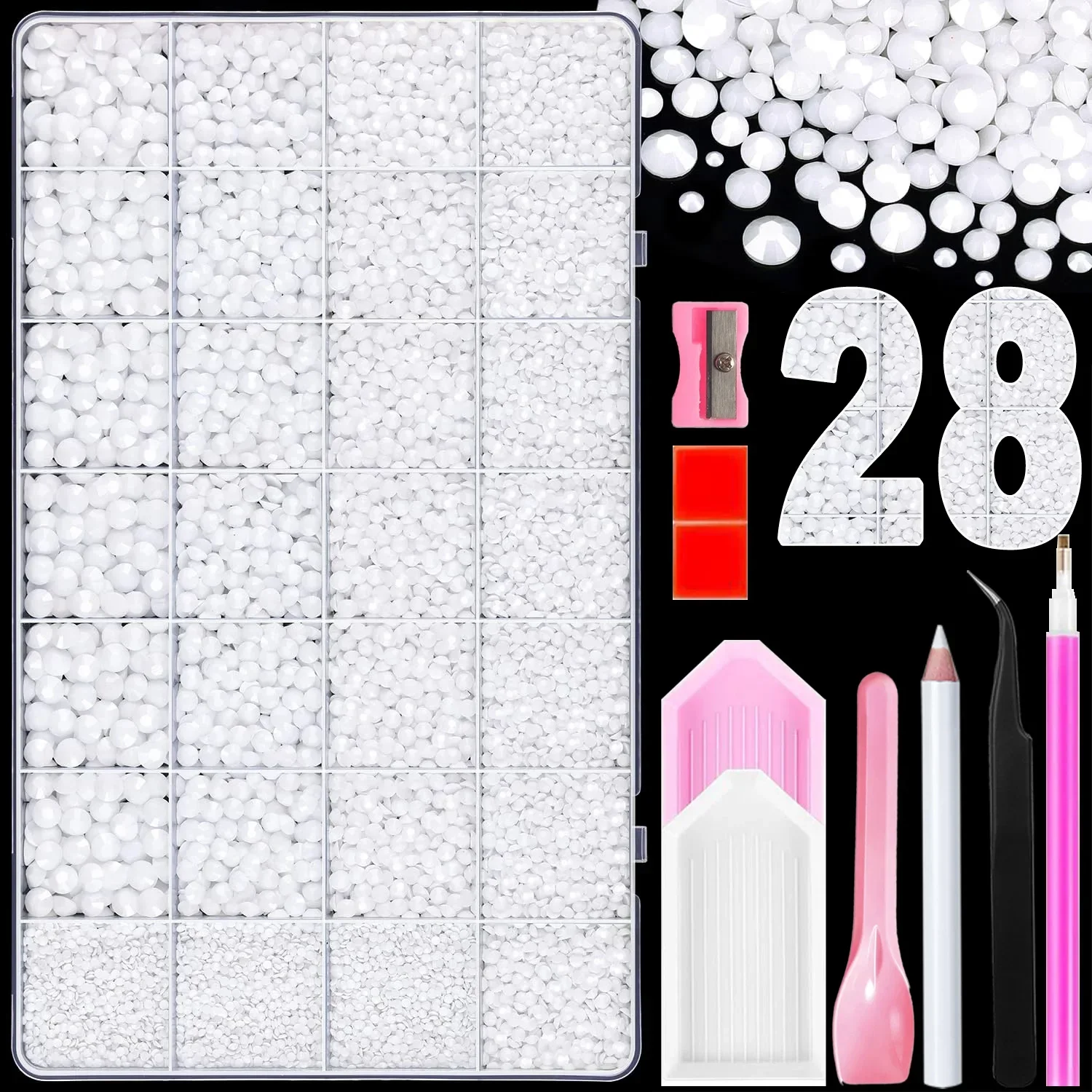 20000PCS Pure White Flatback Rhinestones, 2-6mm Non Hotfix Craft Nail Gems with Pick Pen Tweezers Spoon Trays for DIY Nail Art