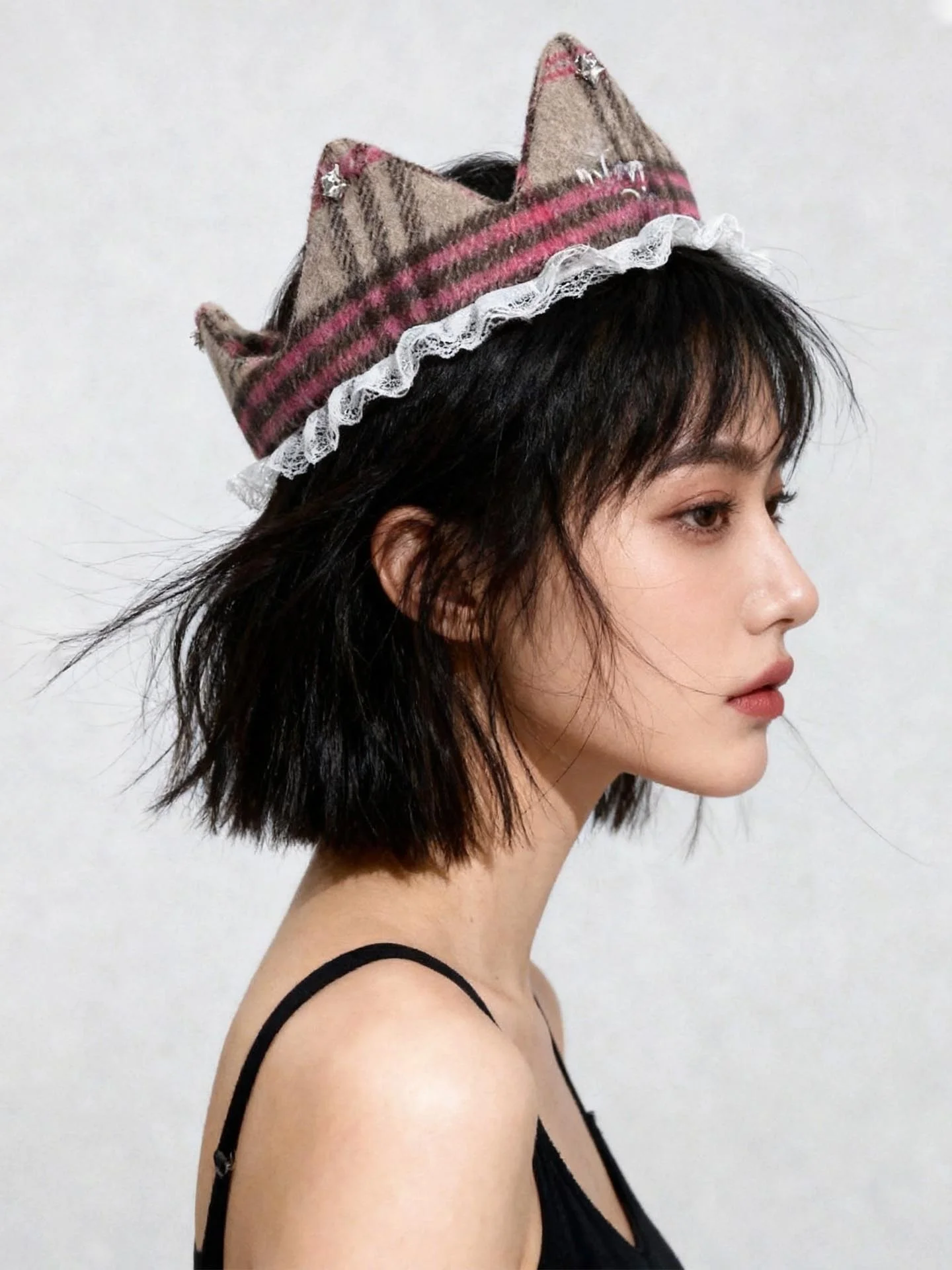 

Retro Plaid Lace Trim Crown Lolita Photo Prop Cute Birthday Headwear Hairband Accessory Breathable Foldable All Season Youth