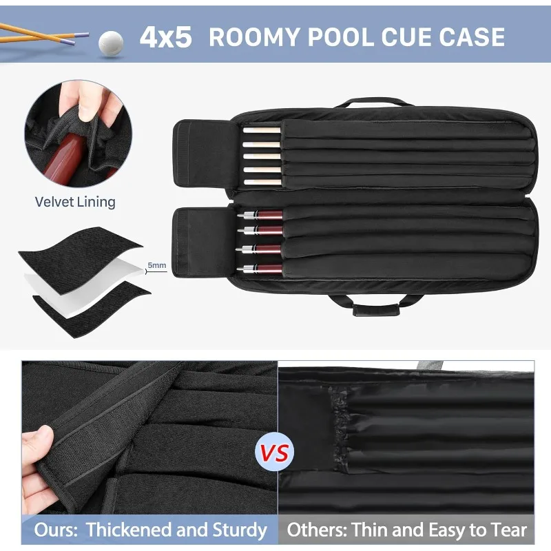 Billiard Stick Carrying Case Holds 4 Butts and 5 Shafts, Soft Pool Stick Bag with Large Front Accessories Pockets