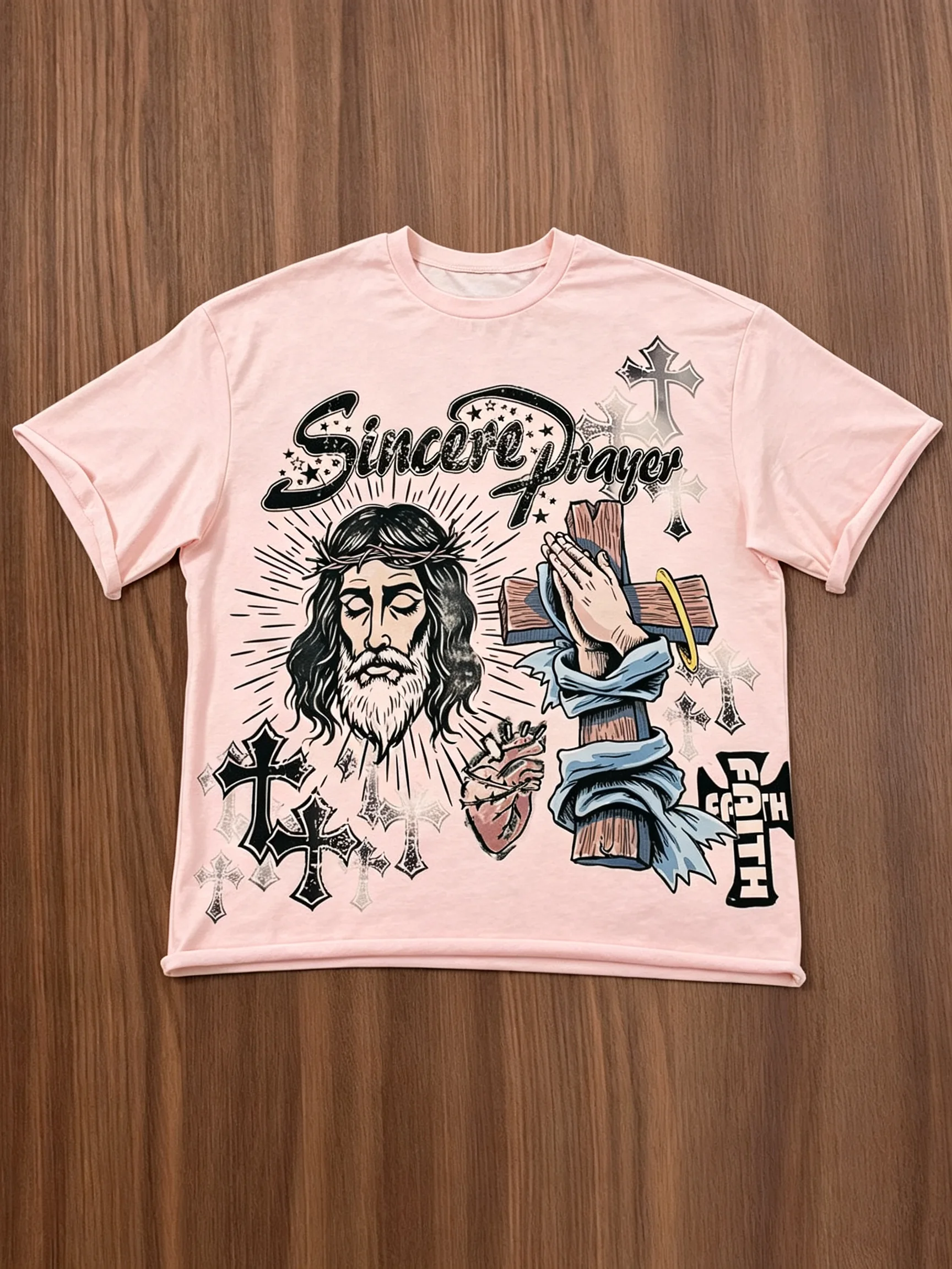 2026 New Parent‑Child Matching Oversize Cotton Tee Retro Faith‑Theme Portrait Cross Praying‑Hands Sincere‑Prayer Graphic T‑Shirt