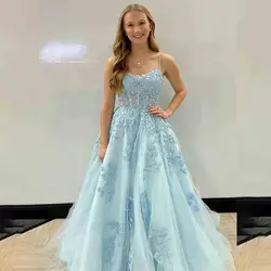 Vestido Formal de tul de encaje con tirantes finos para mujer, traje de corte acampanado con cordones para fiesta de graduación y boda