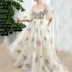 JEHETH Lace Long Prom Dress A-Line Flowers Evening Party Gowns Floral Print Corset vestidos de gala Puff Sleeves Sweetheart