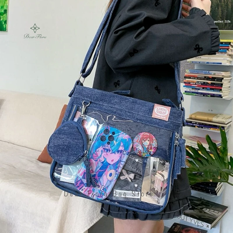 Bolso de Mezclilla Y2K, Bolso Cruzado de Moda para Mujer, Bolso de Hombro Transparente Estilo Harajuku para Chicas, Bolso Tote con Insignias DIY, Bolso de Mano Lolita