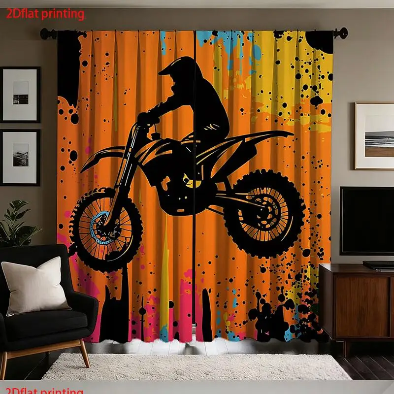 Vibrant Motorcycle Bike Pop Art Graffiti Curtain 2pcs Modern Biker Window Drapes for Living Room Bedroom Home Decor