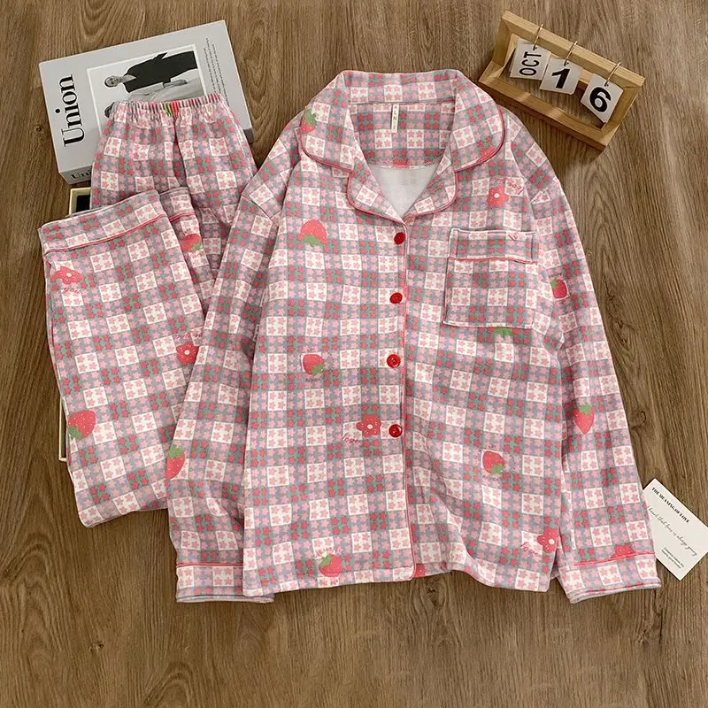 Women Strawberry Plaid Pajama Set Lapel Long Sleeve2 Pcs Shirt&pants Loose Homewear Soft Comfy Autumn New Loungewear Sleepwear