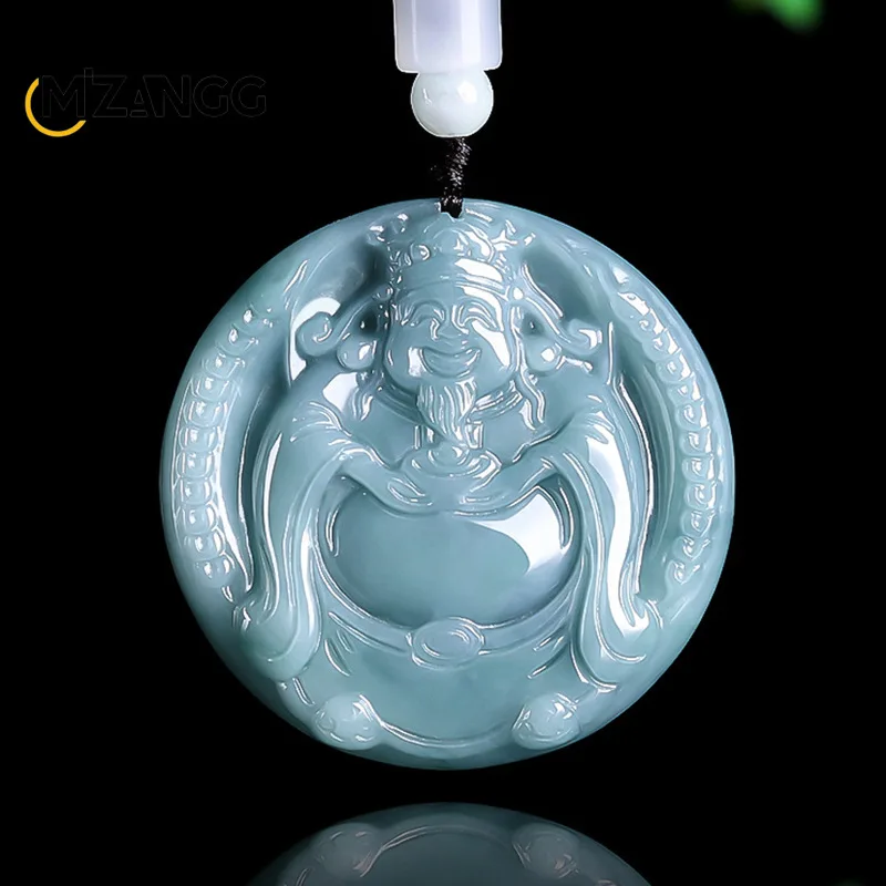 

Natural Jadeite Blue Water Welcome Blessing God of Fortune Pendant Good Luck Through The Wealth of Men and Women Jade Necklace