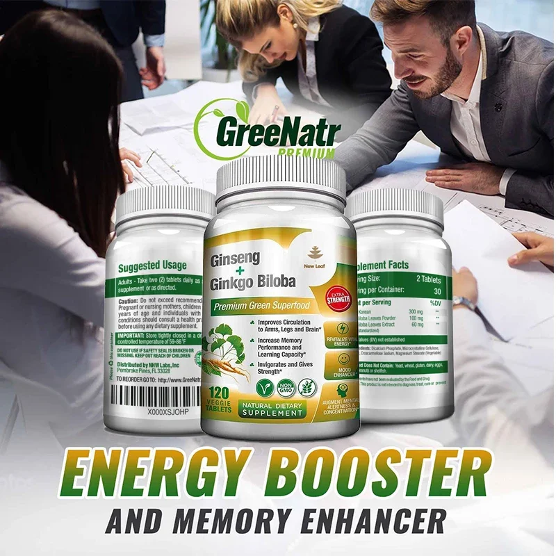 Ginseng + Ginkgo - Premium Non-GMO/Vegetable Superfood - Traditional Energy Supplement & Brain Enhancer with Eye Health Benefits