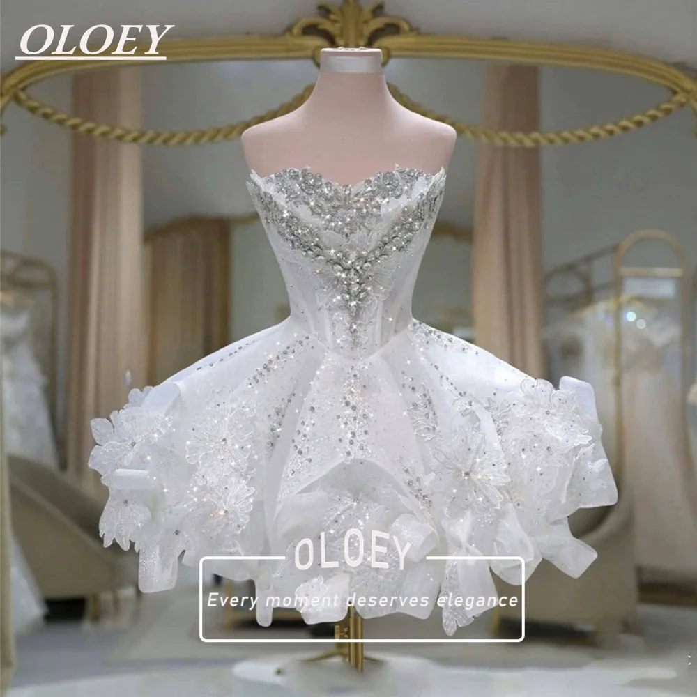OLOEY Luxury Crystals Puffy Short Wedding Dresses Strapless A-Line Mini Bridal Gown Customized 2026 Robe De Mariée Corset