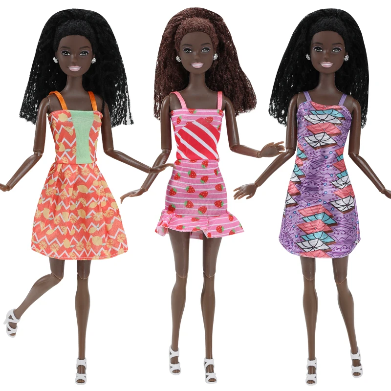 30CM Female Black Dolls With Dress Kids Toys Woman Fashion Shoes Brown Hair For Barbie Black African Doll Children Birthday Gift