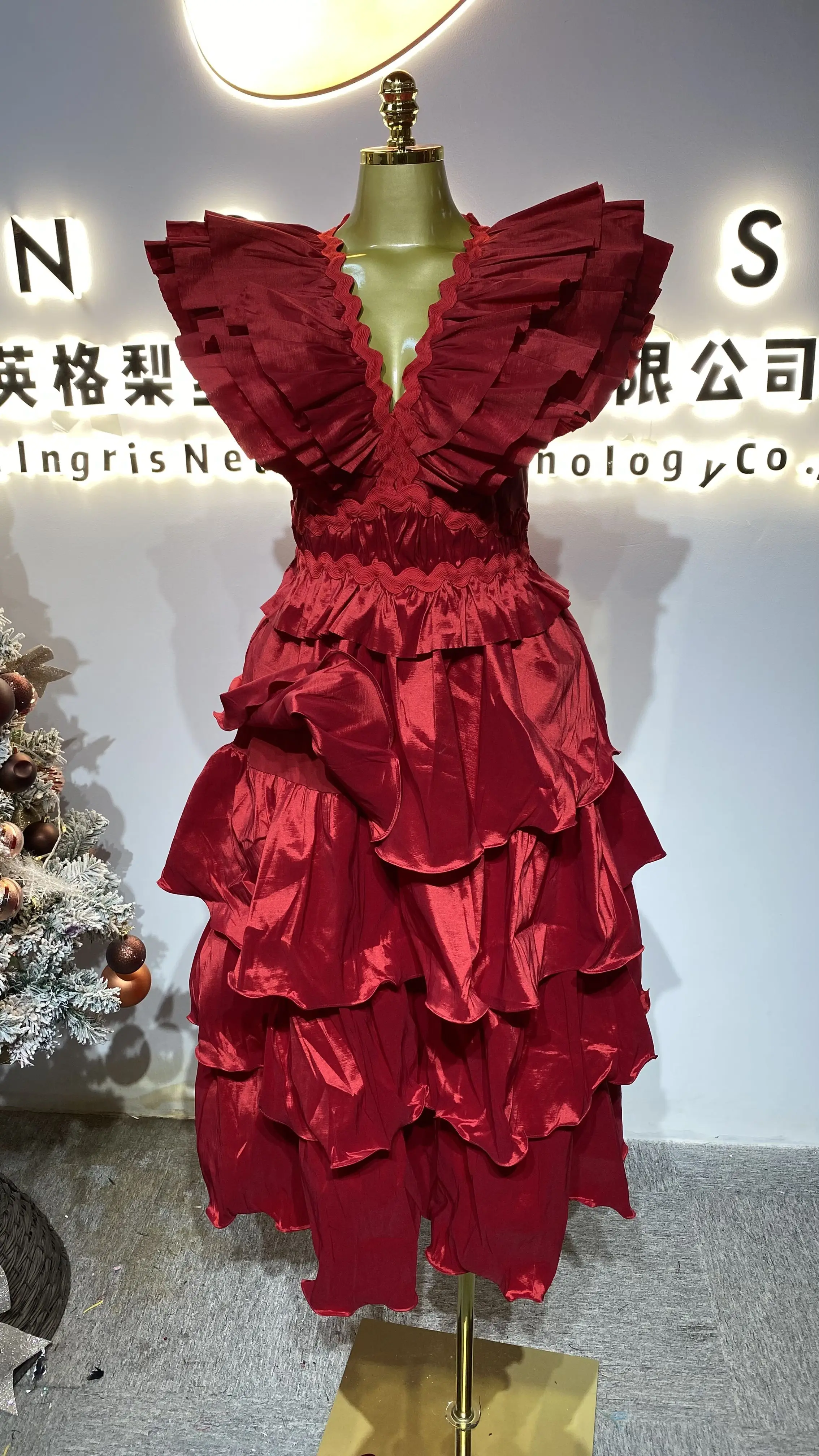 

Australian hot red dress, deep V-neck, wide shoulder mini dress for women-GZXX383