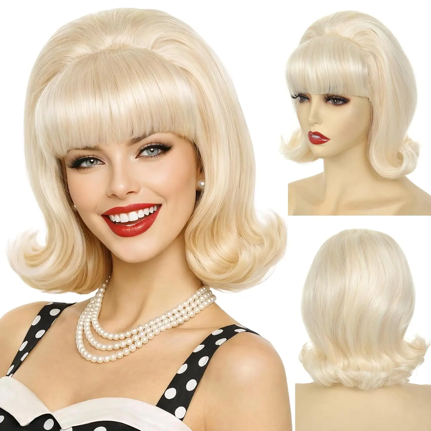 HAIRJOY Synthetic Hair Short Bob Wig with Bangs for Women 60s 70s Retro Beehive Bouffant Wigs Vintage Costume Wig for Halloween