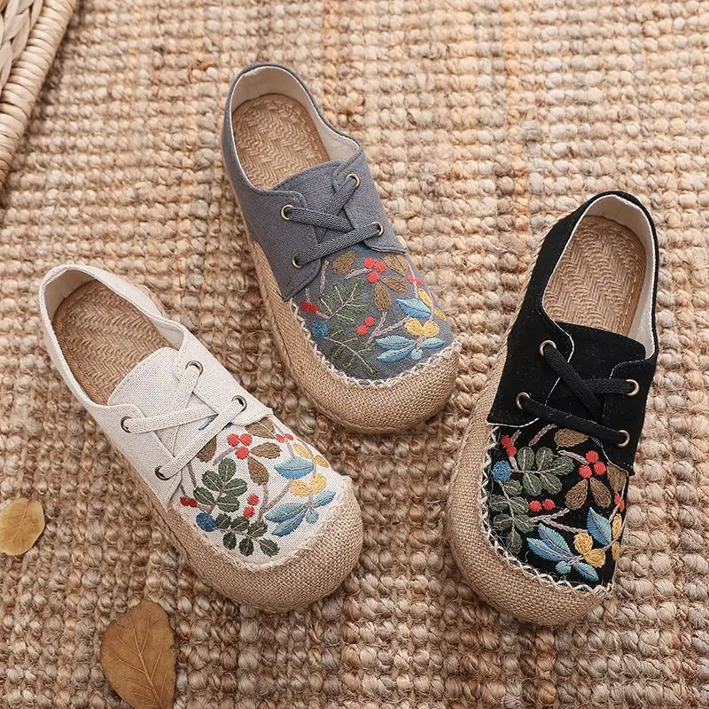 Veowalk Vegan Handmade Women Linen Canvas Espadrilles Sneakers Comfortable Lace Up Flat Embroidered Shoes Black Beige Grey