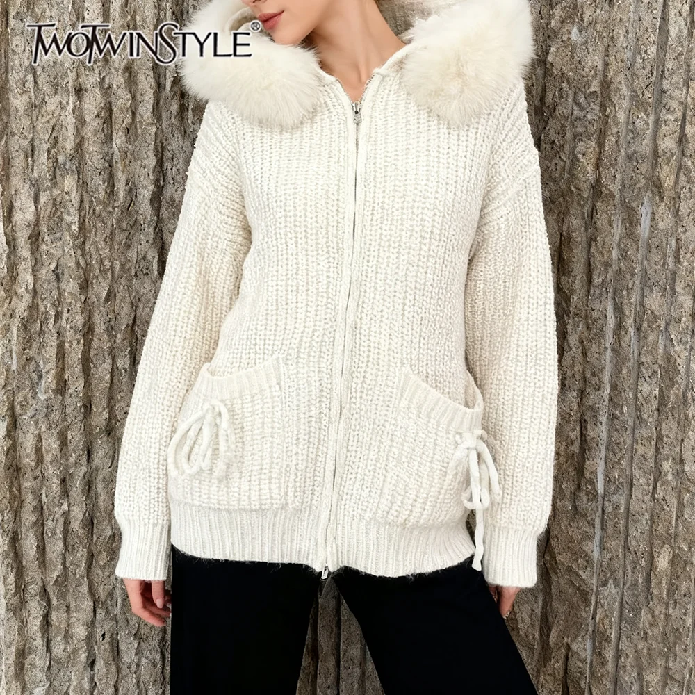 

TWOTWINSTYLE Apricot Spliced Pocket Chic Sweater Female Hooded Long Sleeve Loose Casual Lazy Women's Sweaters Autumn Fashion New