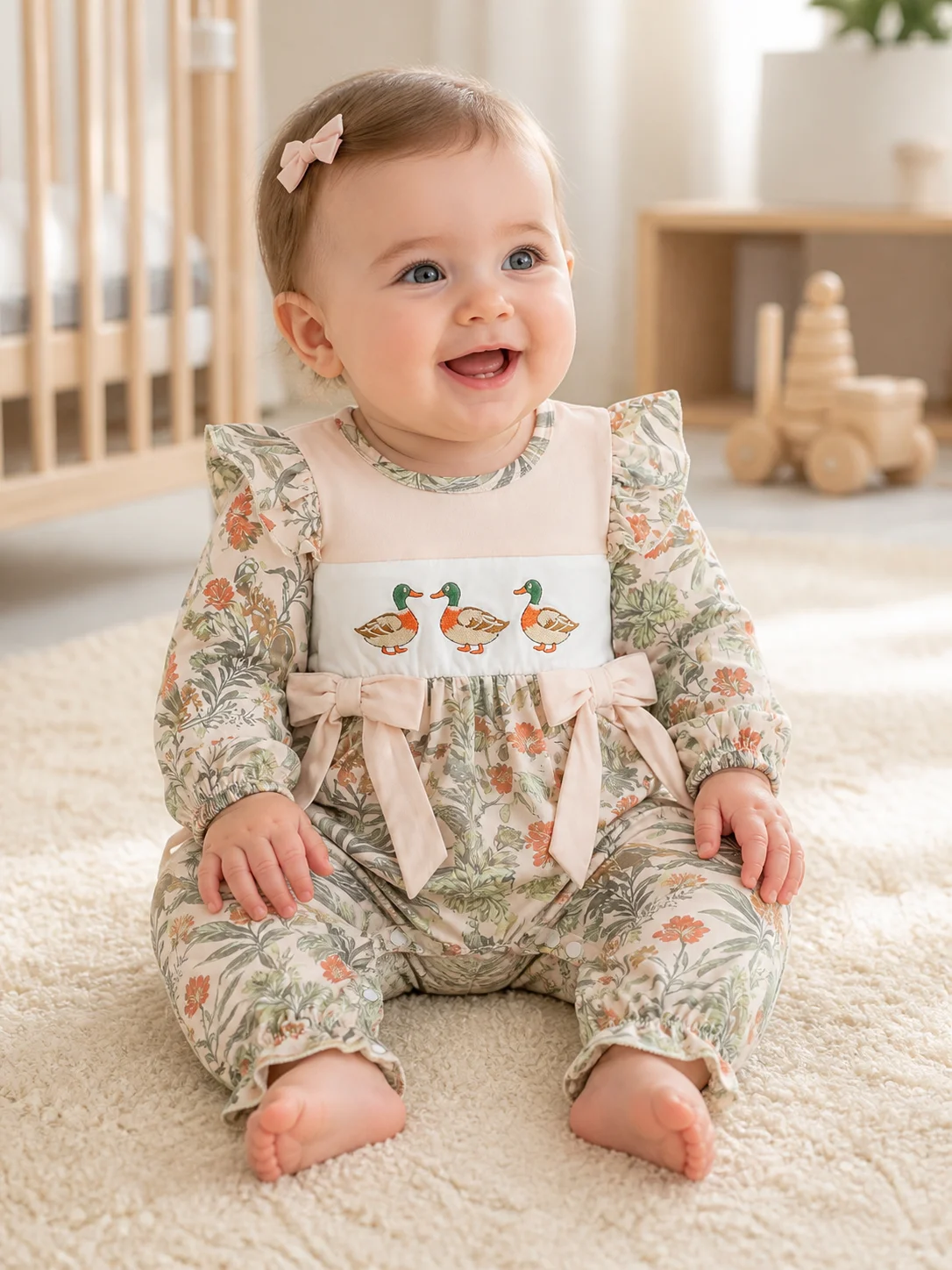 Newborn Baby Girl Duck Embroidery Romper Floral Print Ruffle Long Sleeve Jumpsuit Bow Decor Fall Infant One Piece Outfit