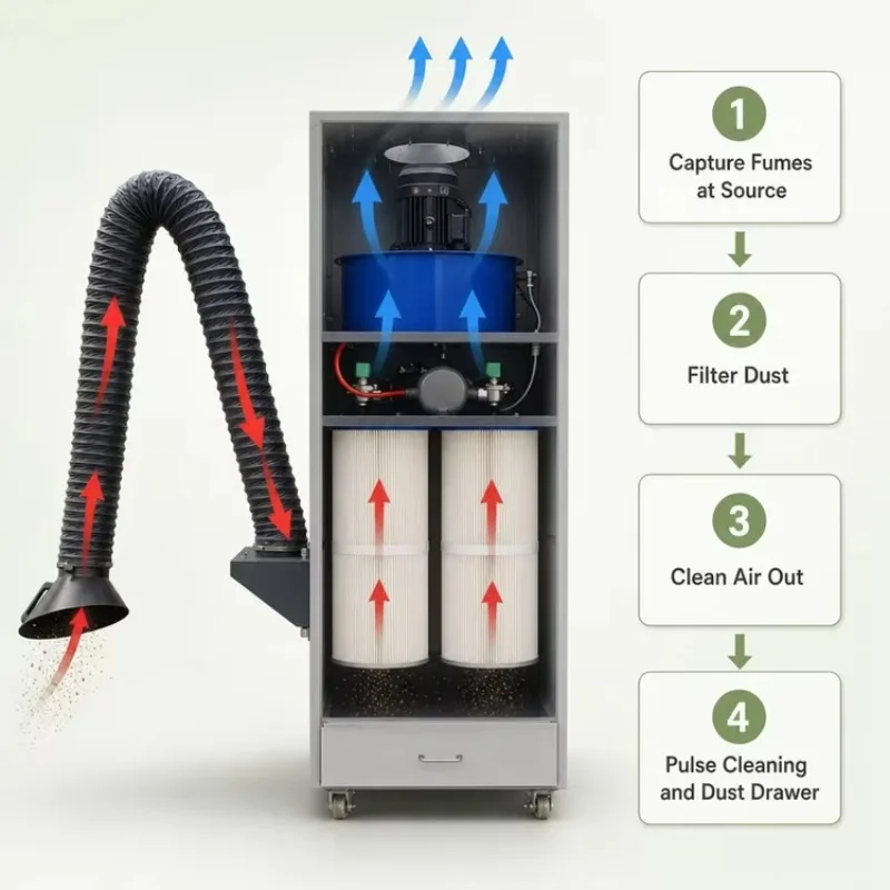 Small Workshop Flexible Arm HEPA Filter Pulse Jet Low Noise Caster Wheels Heavy Duty Mobile Cartridge Dust Collector CE