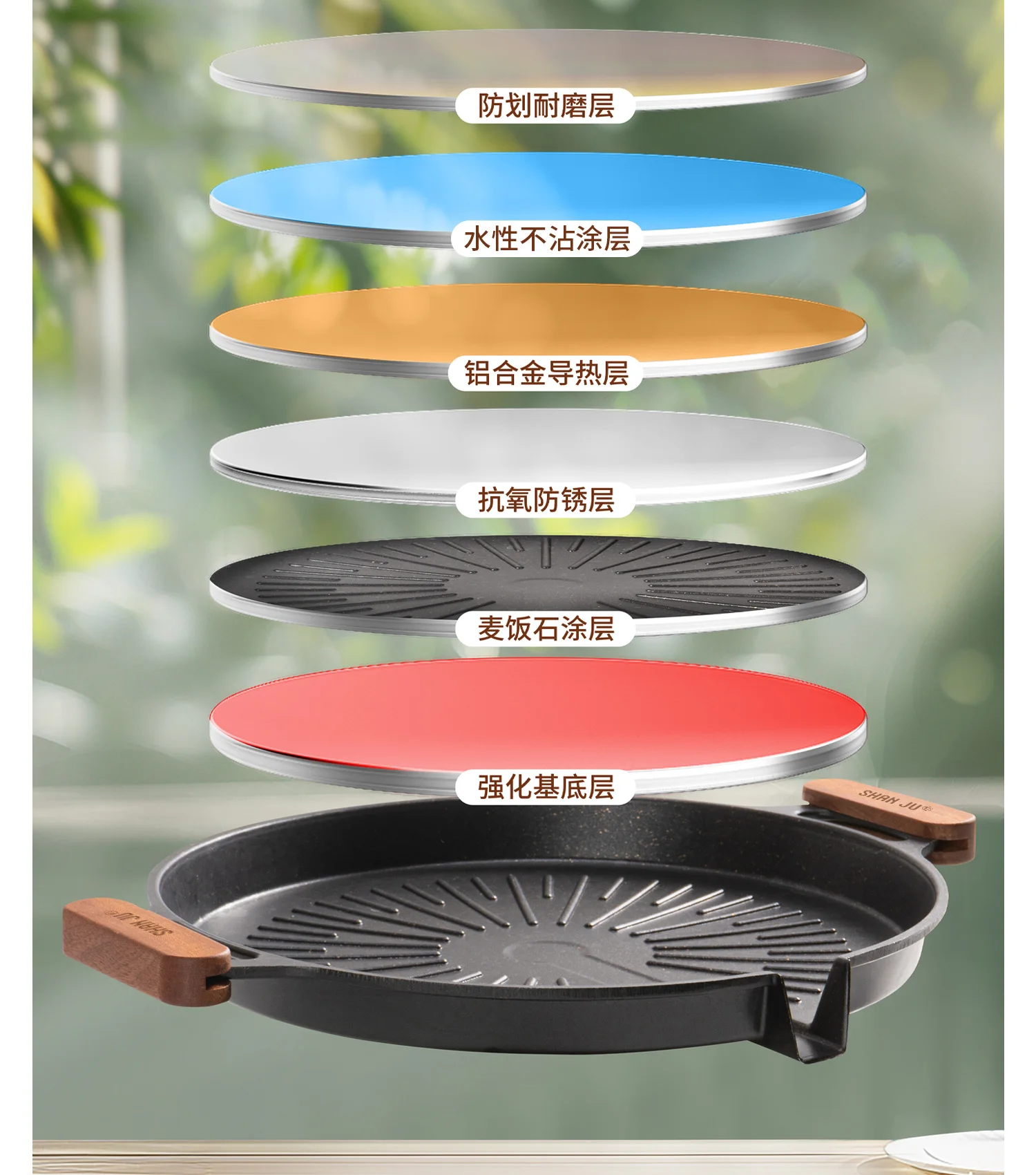 Zackoo 32cm Korean BBQ Grill Pan Non-stick Bakeware with Wooden Anti-scald Handle Open Flame Induction Cooker Barbecue Dish