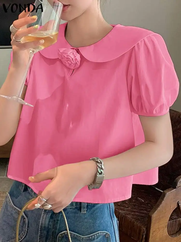 VONDA Fashion Blouses Women Shirt 2024  Summer Tops Short Sleeve Doll Collar Three-dimensional Flower Casual Loose Solid Blusas