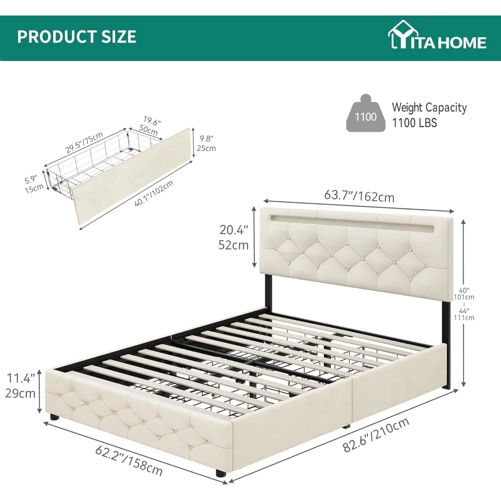 Bed Frame Large, LED Bed Frame, with 4 Storage Drawers, Adjustable Cushioned Headboard Platform Bed