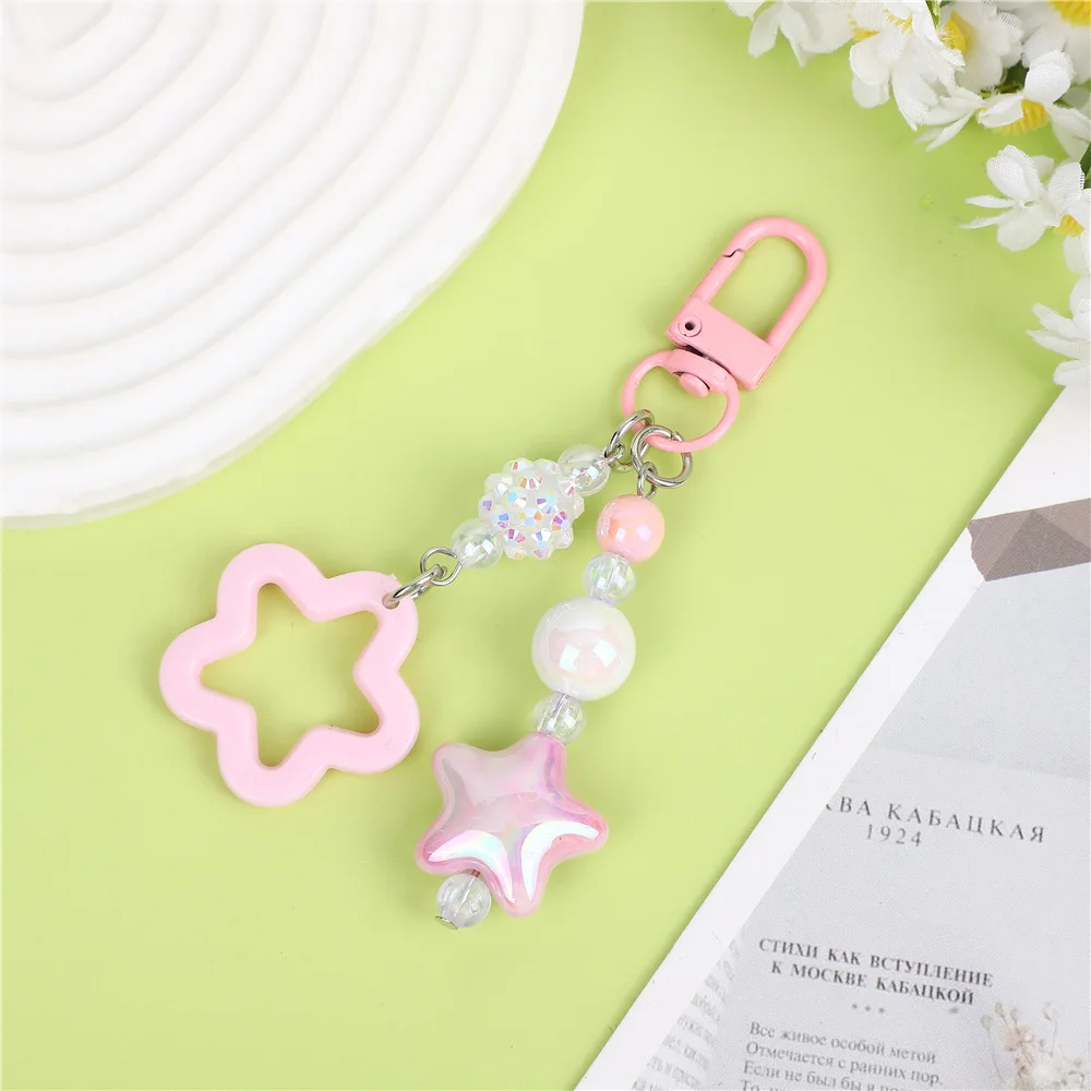 Colorful Star Beads Key Chain Sweet Charm Keychains Acrylic Hollow Star Keyring Bag Pendant Student Girls Jewelry Gift