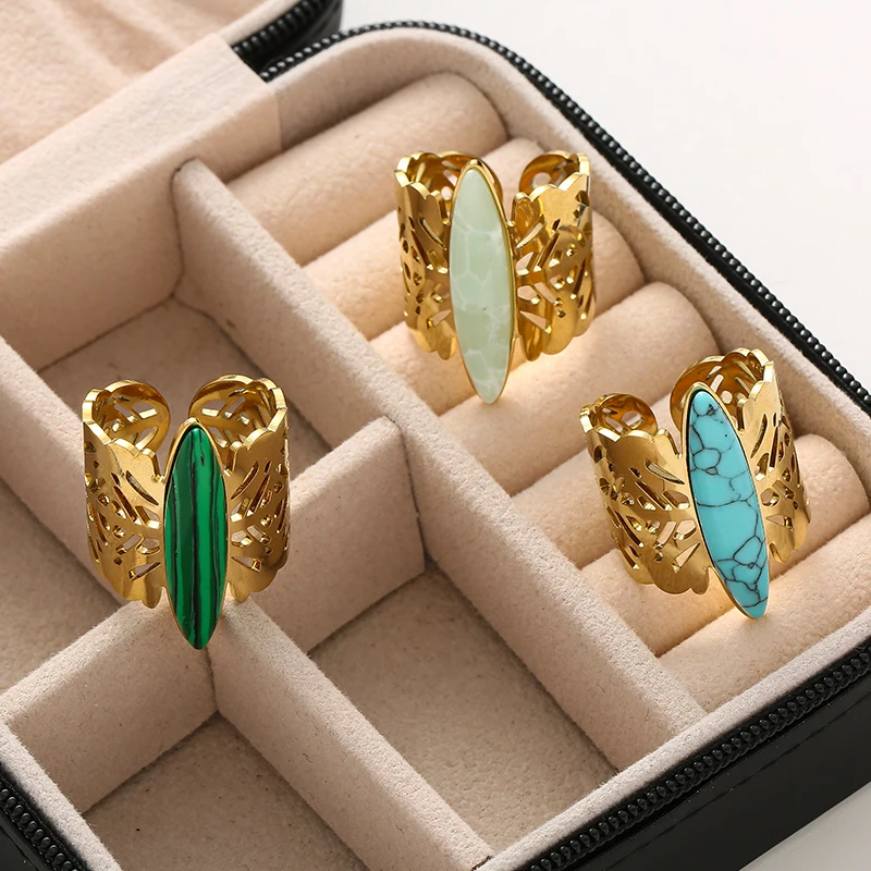 Gold Color Wide Butterfly Pattern Ring Stainless Steel Natural Stone for Women Opening Adjustable Jewelry Gift Wholesale image 3