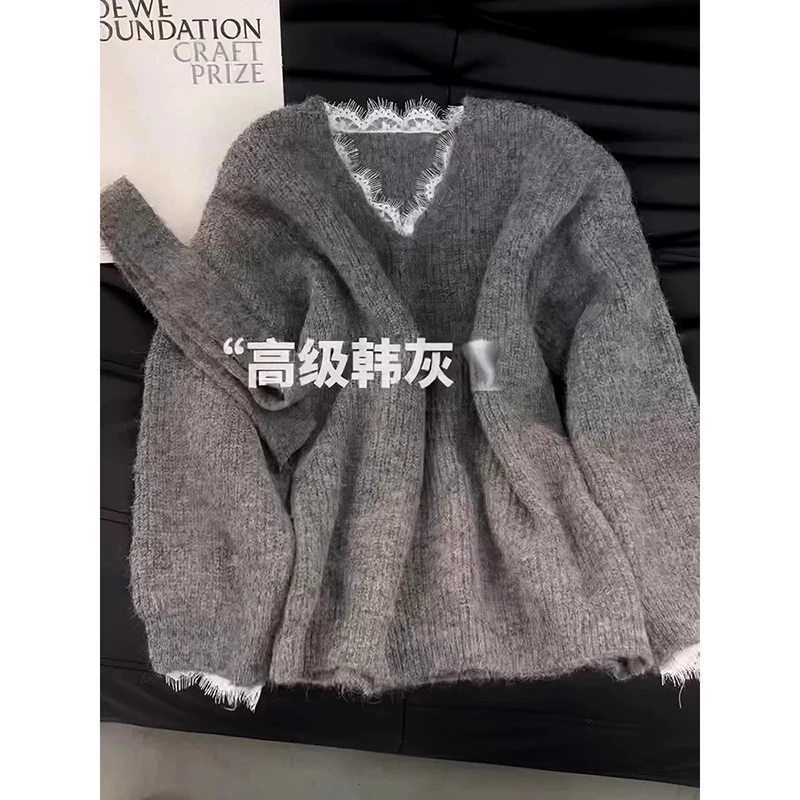YIBASHU Women Gray Gothic Strap Sweater Set Harajuku Korean Y2k Long Sleeves Lace Sweaters Winter College Vintage 2000s Clothes