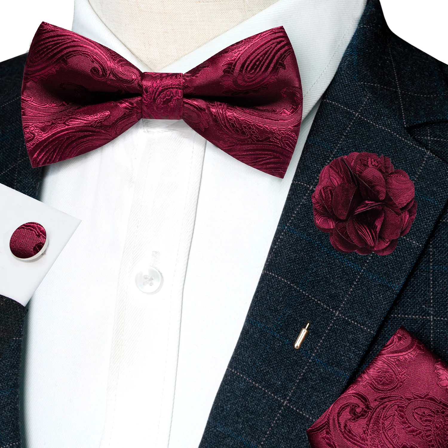 Klassische Herren-Fliege, brauner Jacquard, Paisley-Fliege, Einstecktuch, Manschettenknöpfe, Broschen-Set, Hochzeit, Party, Schmetterlingsknoten, Geschenk, Herren-Accessoires