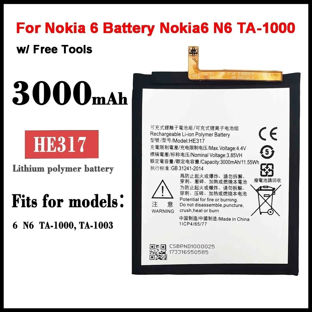 3000 mAh HE317 Replacement Battery For Nokia 6 N6 TA-1000 TA-1003 TA-1021 TA-1025 TA-1033 TA-1039 Mobile Phone Battery