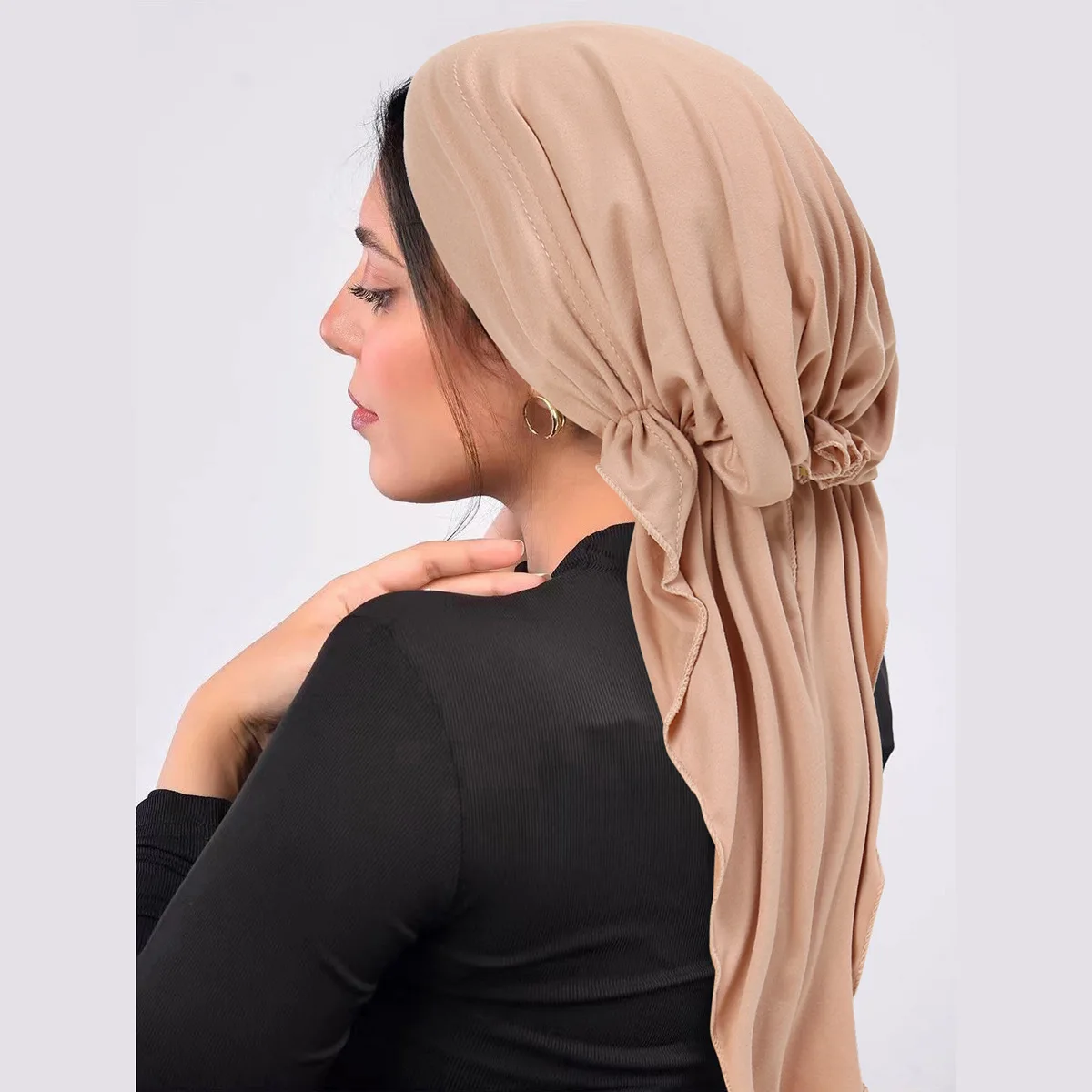 Women's Solid Color Hijab Curved Hat Sanding Wide Long Tail Cap Two Tail Aircraft Hijab Underscarf Caps Turbans for Women New