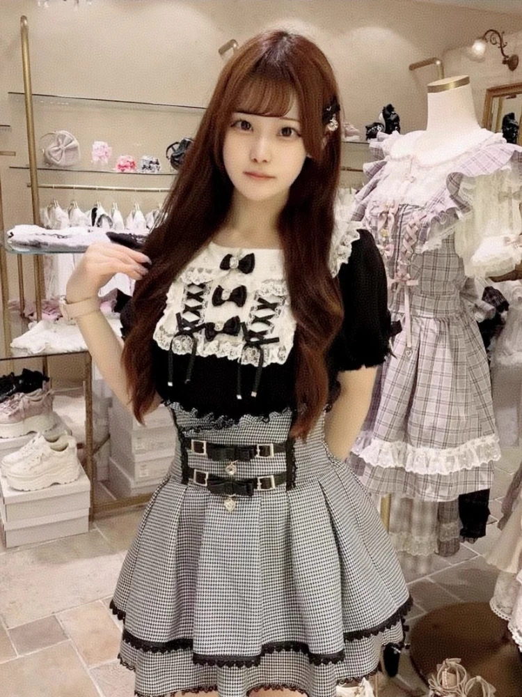 Estilo japonês mina produzido em massa doce bonito renda emenda grânulo boneca colar manga bolha arco versátil lolita camisas topos feminino