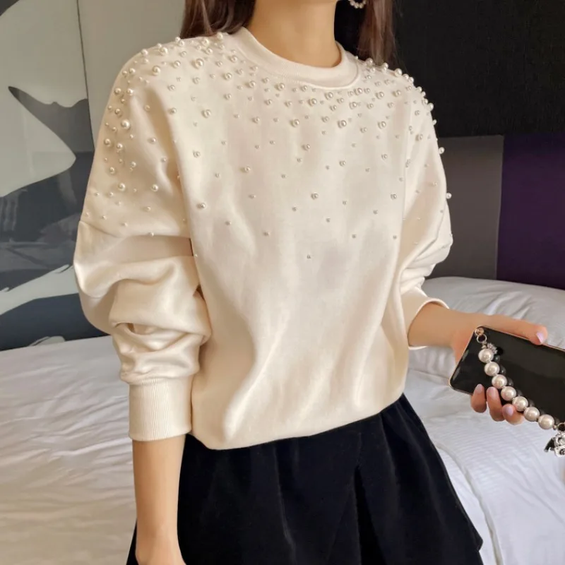 Korean Heavy Industry Beaded Slim Velvet Sweater 2024 New Autumn Korean Chic Long Sleeve Tops All-match Fashion Pullovers