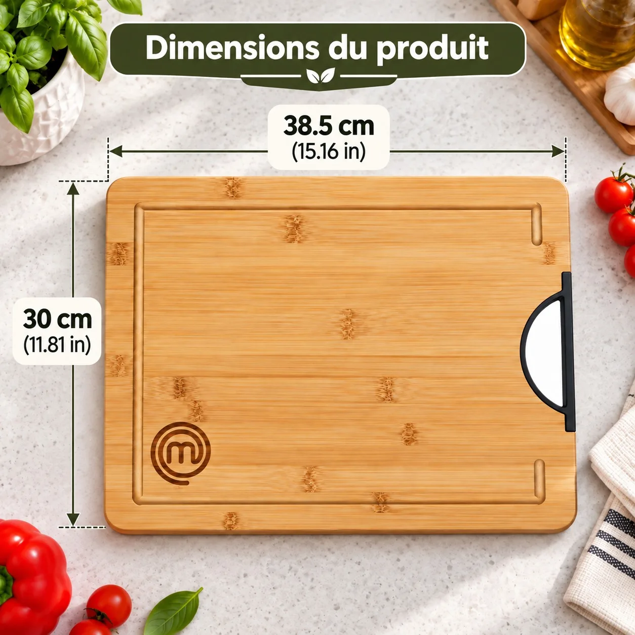 Tabla de cortar de bambú MasterChef con asa integrada y ranura para recoger el jugo, bandeja grande para servir quesos y embutidos en la cocina, 38,5 x 30 cm.