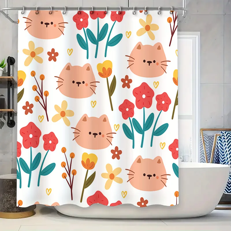 

Занавеска для душа с цветочным котом, милый декор для ванной комнаты с цветочным принтом — водонепроницаемая ткань для украшения дома розово-желтого цвета —