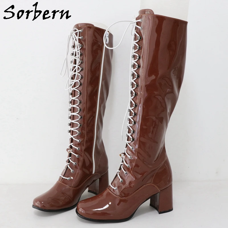 

Sorbern Knee High Boots For Women Square Med Heels Round Toe Ladies Boots Hoof Heels Booties Dance Unisex Vintage 70S Gogo Boots