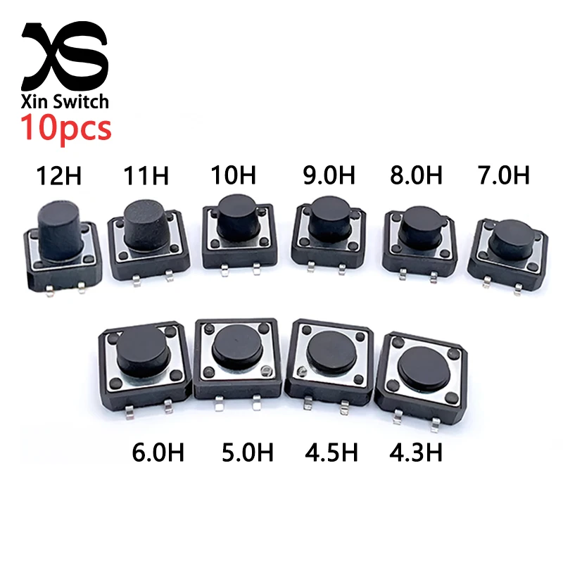 10PCS 12x12 SMD Tactile Switches 12*12*4.3/4.5/5/6/7/8/9/10/11/12mm PCB Mini Micro Electronic Push Button Switch 50mA DC12V 4Pin