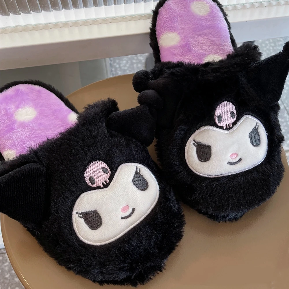 Kuromi My Melody Sanrio, плюшевые тапочки с героями мультфильмов, напольные тапочки, теплые зимние домашние тапочки, повседневная нескользящая домашняя обувь на плоской подошве для девочек