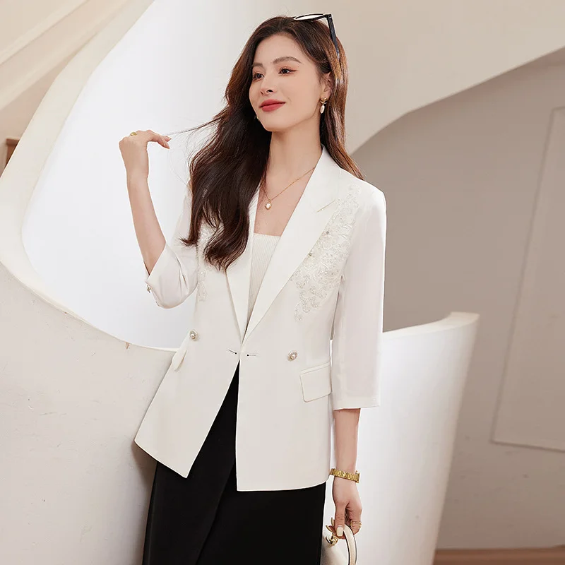 2025 Pink Black White Women Blazer Ladies Mid Sleeve Single Button Suit Jacket Female Slim Casual Jacket Spring Summer Outerwear