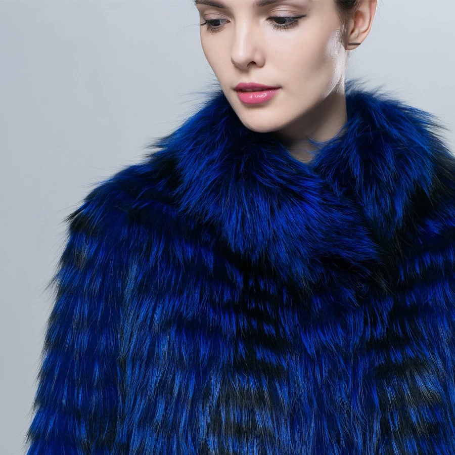 Free Shipping Women Long Striped Style Royal Blue Long Real Sliver Fox Fur Coat