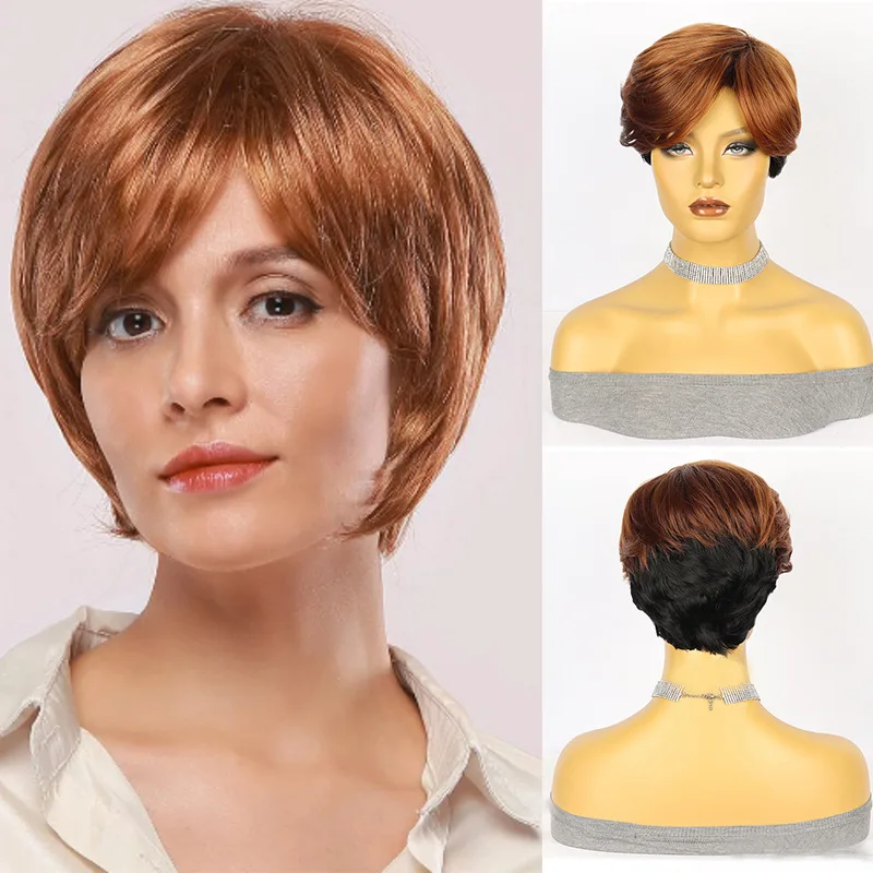 

Lady Short Ginger Black Synthetic Wigs With Bangs for Women Pixie Cut Hairstyle Women Daily Cosplay Natural Looking Hair Wigs