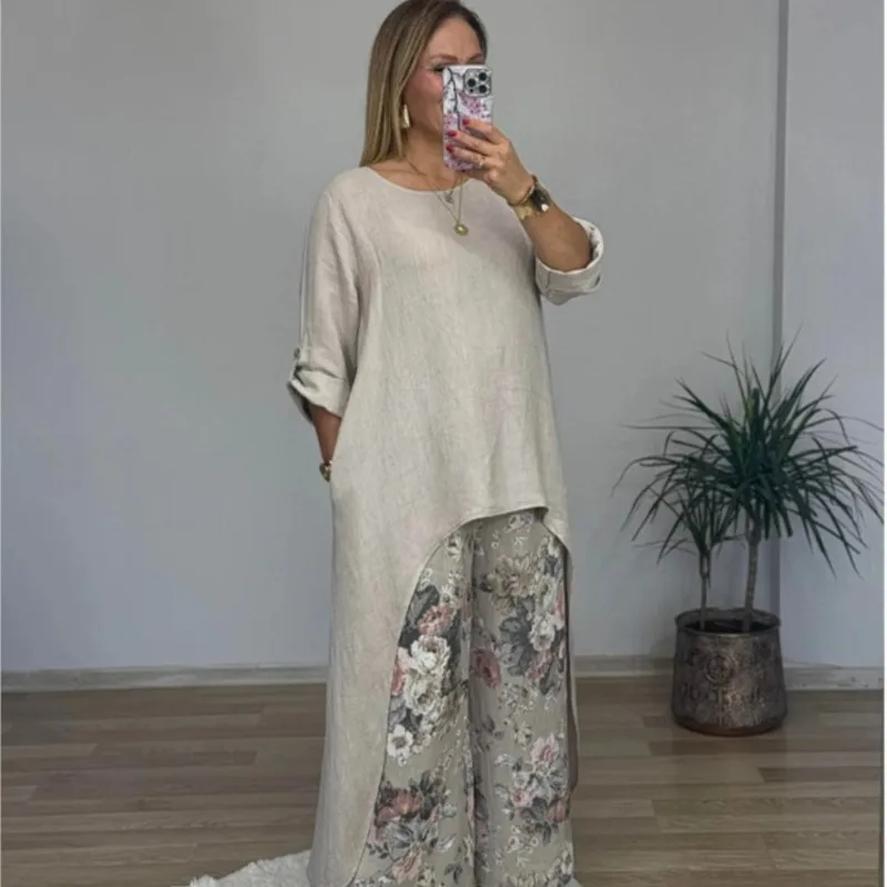 면-린넨 원단 신상 여성 캐주얼 의상 투피스 불규칙 긴팔 크루넥 탑 + 프린트 와이드 팬츠 신상투피스