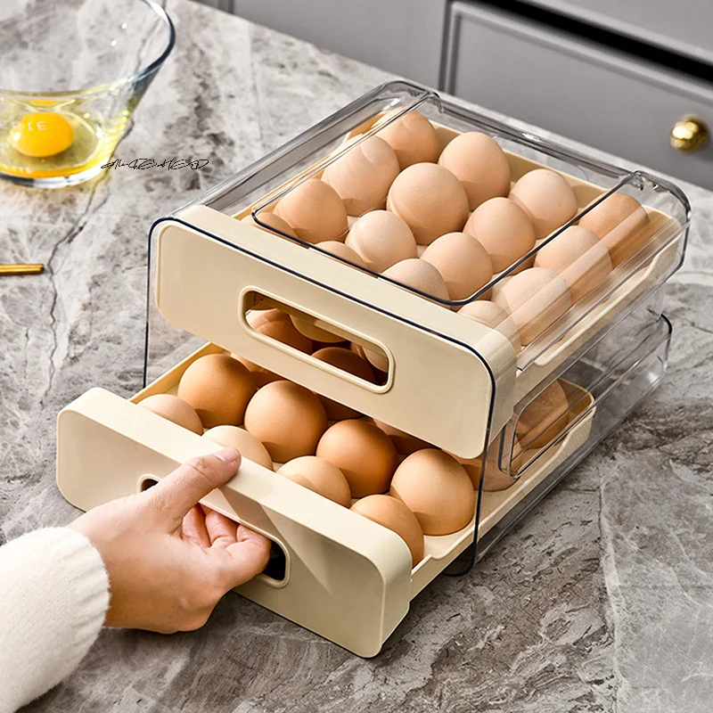 2-Layer Stackable Refrigerator Egg Organizer Clear Plastic Egg Holder Drawer Type Storage Box for Kitchen Organization
