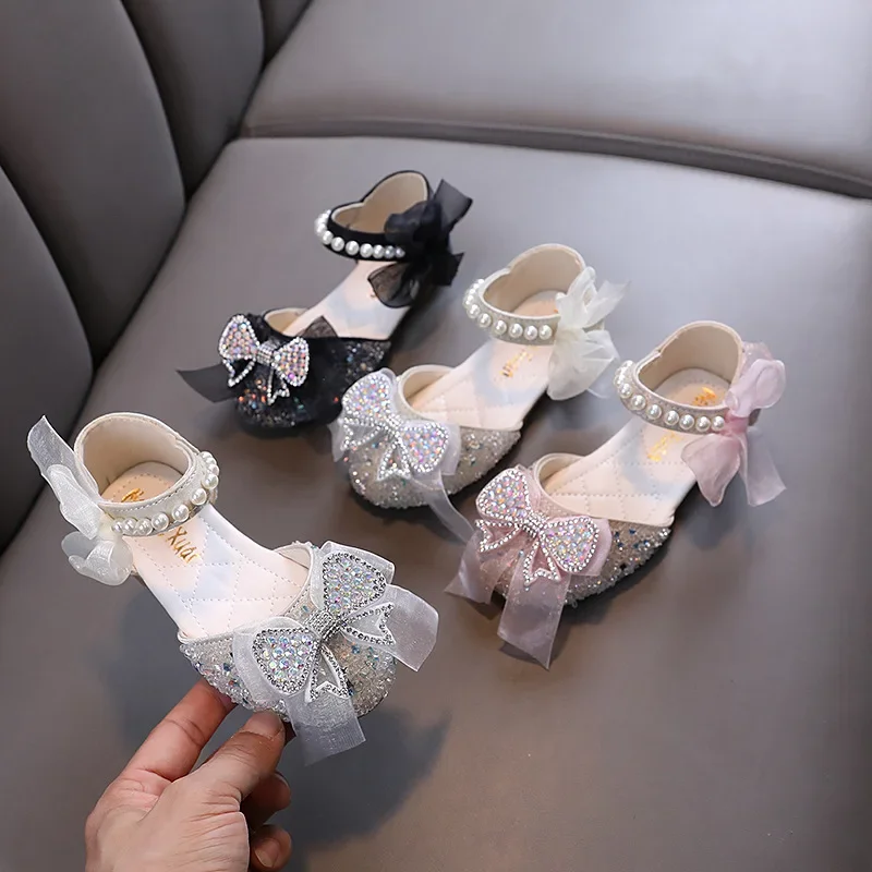 Children\'s Sandals Sweet Rhinestone Bowtie Princess Shoes for Girls Summer Fashion Elegant Pearl Kids Causal Dress Flat Sandals