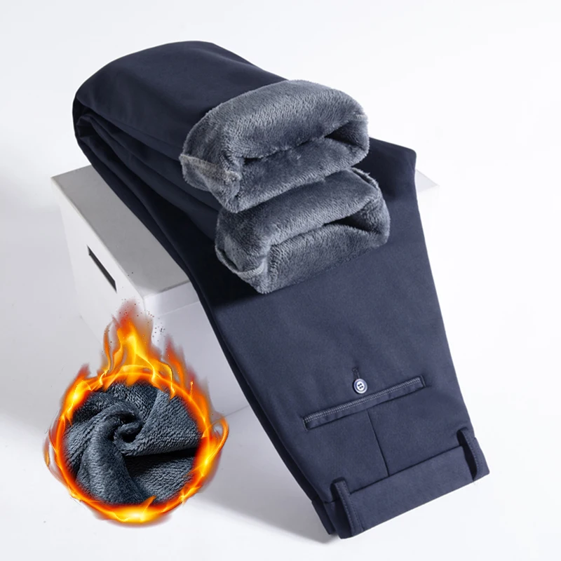 Pantalones informales gruesos de lana para hombre, pantalones rectos de negocios a la moda, pantalones de marca de lana, pantalones holgados y cálidos de felpa para hombre 29-42