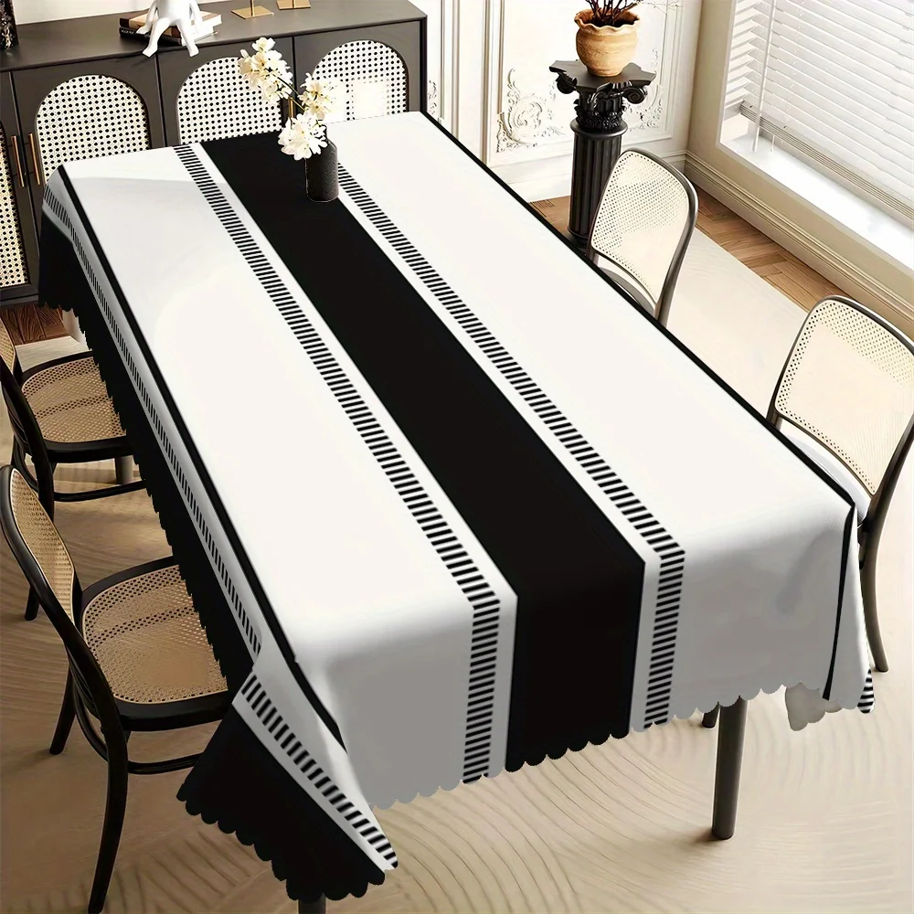 Minimalist Black White Stripe Vertical Band Print Tablecloth Scalloped Edge Waterproof Rectangular Table Cover Modern Dining