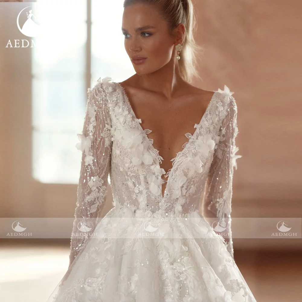 Aedmgh A-Line vestidos De Novia elegantes festoneados Vestido De Novia De manga larga Apliques De encaje flores 3D Vestido De Novia hecho a medida