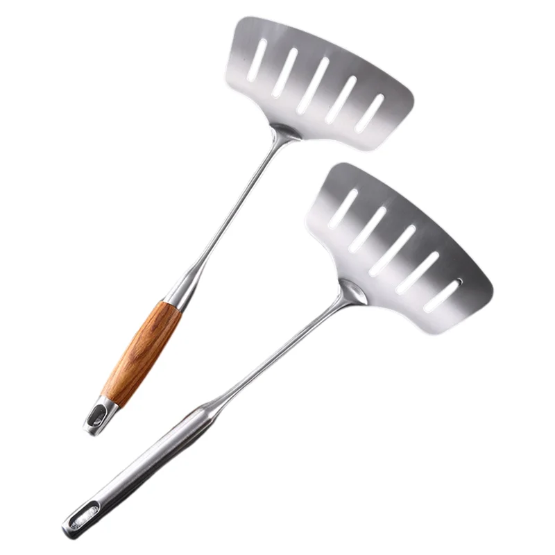 

GYTB-Kitchen2pcs Stainless Steel Fish Frying Spatula Large Egg Pan Scoop Nonstick Long Wood Handle Steak Slotted Flat Shovel