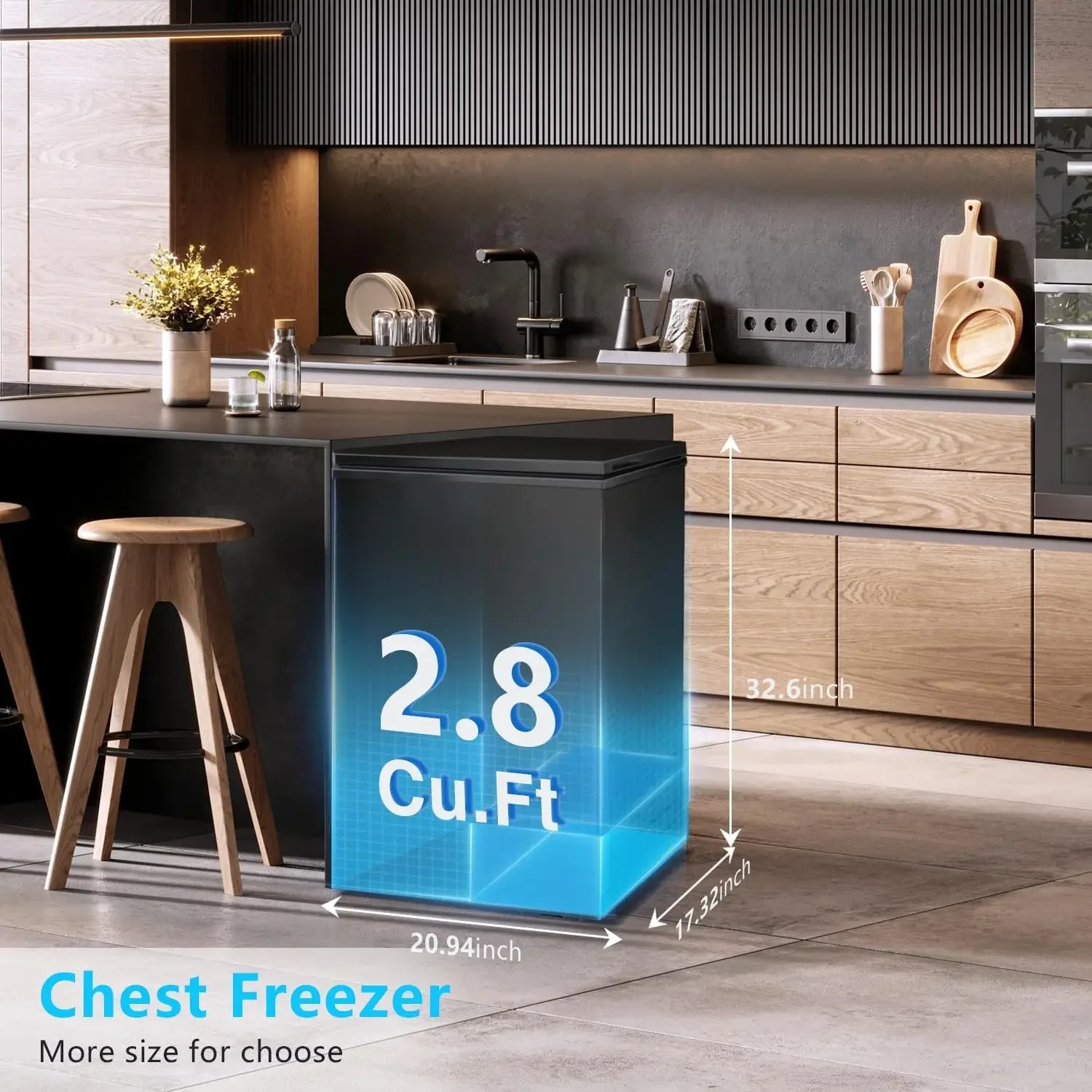 .FLAME Freezer horizontal 2,8 pés cúbicos, pequeno freezer com cesta, temperatura ajustável, economia de energia, porta aberta superior Mini C