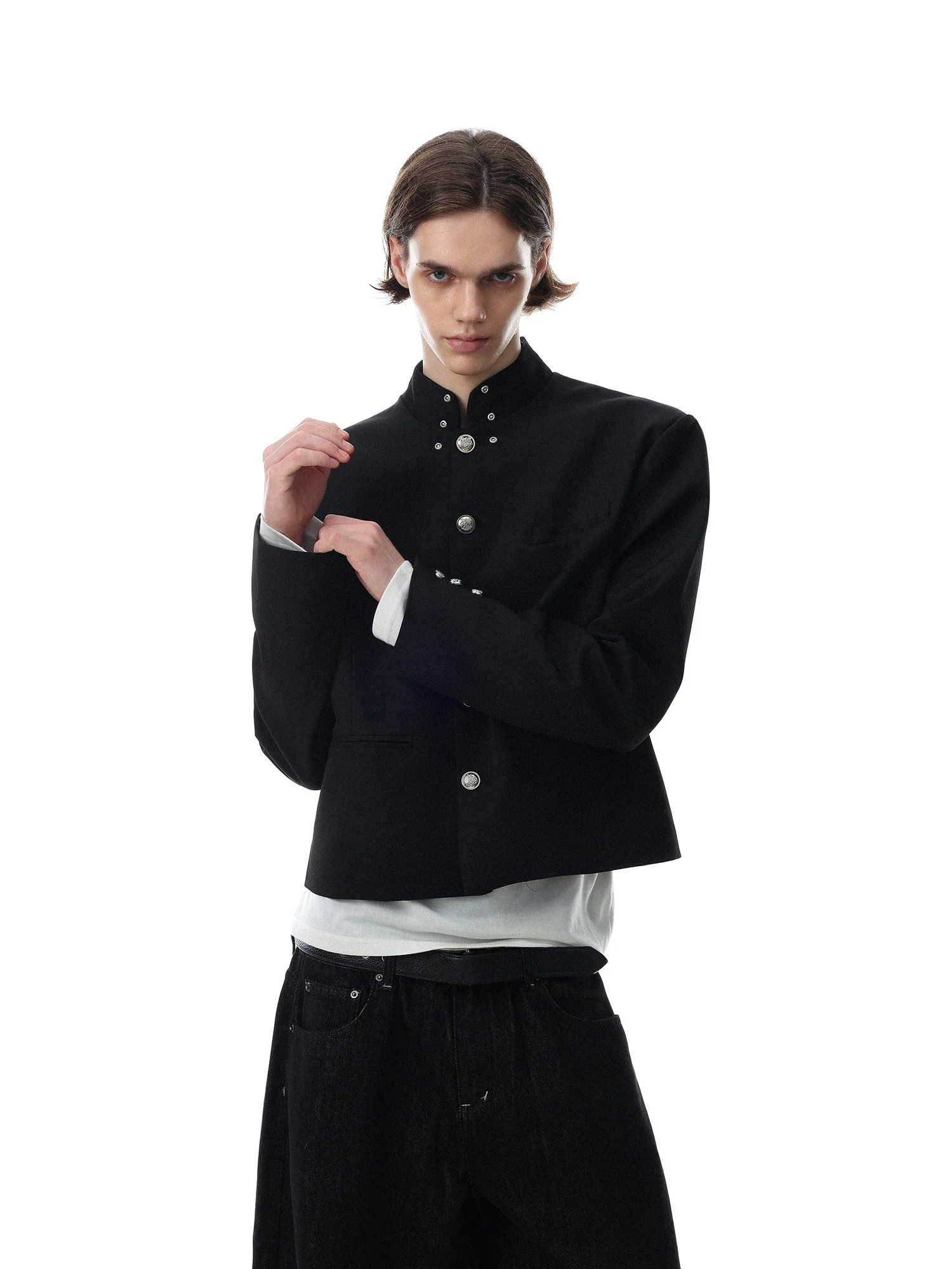 New Chinese Style Men's Jacket Stand Collar Short Heavy Duty Metal Button Design Loose Fit Polyester Spandex Blend Autumn Wear