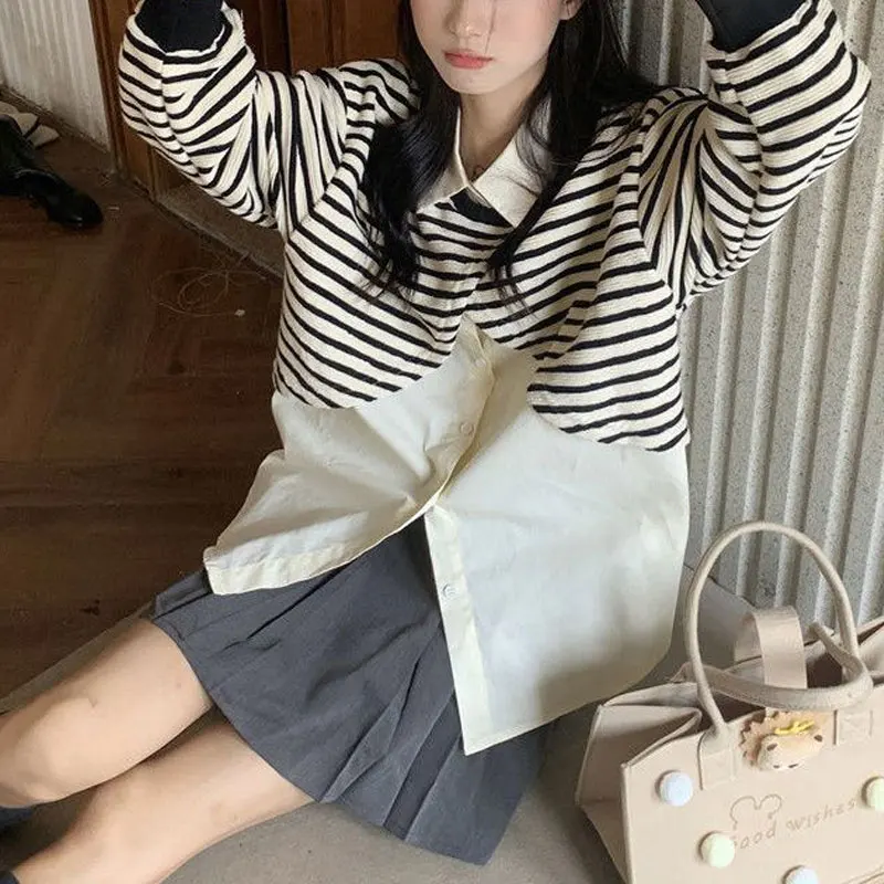 Striped Patchwork Loose Pullovers Female Clothing Fake Two Pieces Polo-Neck Spring Autumn Button Long Sleeve Korean Sweatshirts