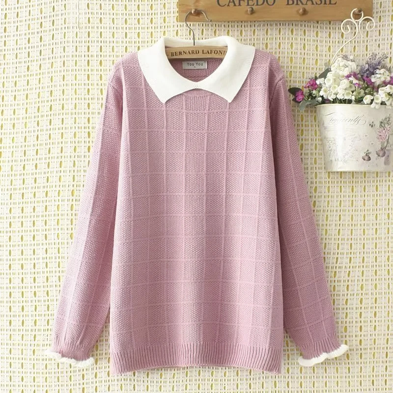 Suéter a cuadros de Jacquard de Color contrastante para mujer, Otoño Invierno, empalme de solapa, moda informal coreana, Jersey de punto suelto, Tops